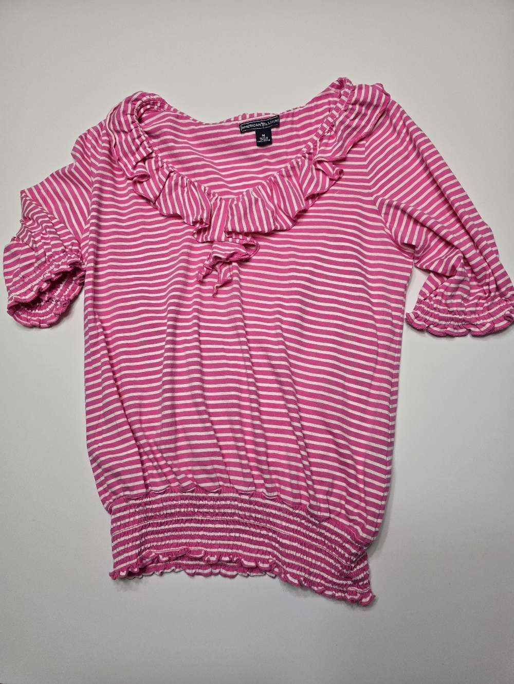 American Living Pink Striped Ruffle Neck Womens Top Medium